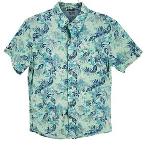 IZOD Saltwater Mens Button Up Shirt‎ Short Sleeve Green Blue Floral Print Size L